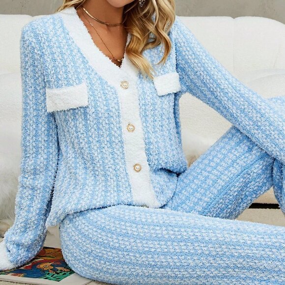 Blue and White Casual Womens Contrast Trim Cardigan & Knit Pants - Picture 4 of 5